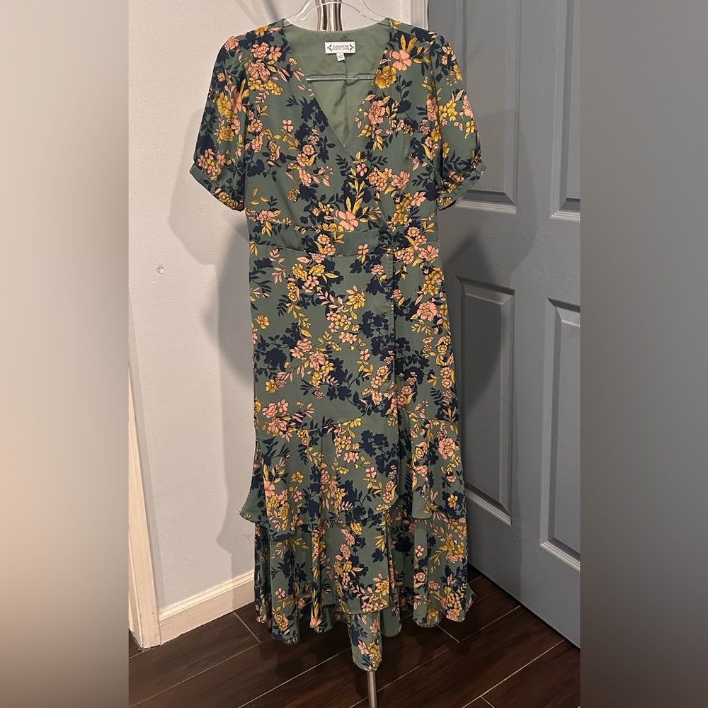 Nanette Lepore Olive Green Floral Midi Dress with Pink and Yellow Accents